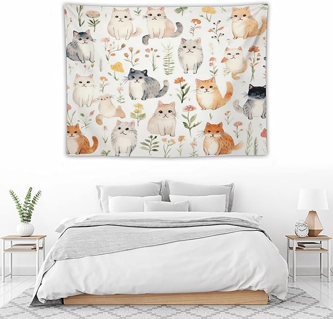 VUMIVI Cute Cat Tapestry Cartoon Pets Flowers Mushrooms Butterflies Watercolor Illustrations Tapestry Wall Hanging for Living Room Bedroom Dorm Classroom Aesthetic Decor W40xL30in