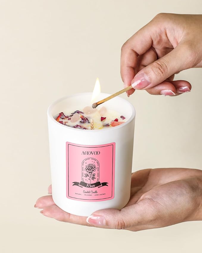 AOOVOO Rose Scented Candles for Women - Aromatherapy Candle with Crystals Inside, 10oz Soy Candles for Home Scented, Birthday Gifts Valentines Day Candle for Mom Women