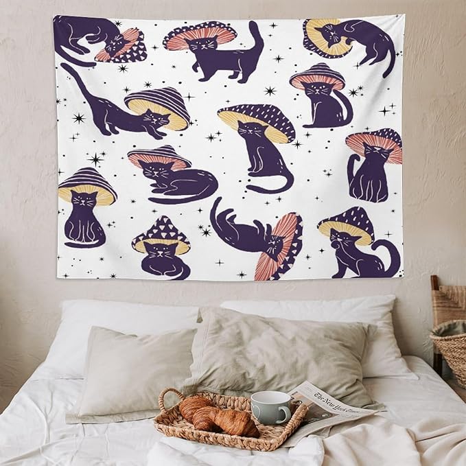 VUMIVI Funny Cat Mushroom Tapestry Retro 70s Hippie Style Cute Black Kitten Star Aesthetic Art Print Tapestry Wall Hanging for Living Room Bedroom Dorm Classroom Aesthetic Decor W80xL60in