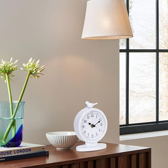 Mantel Clock, Classic Vintage Clocks and Decorative Shelf Decor, Silent Analog Desk Clocks with Light Vintage Metal Table Clock for Living Room Shelf Bedside Home Decor (White)