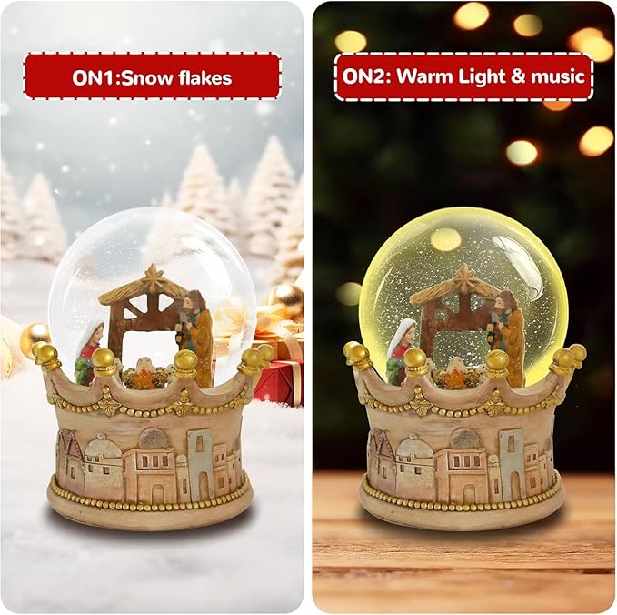 8.25 Inch Height Christmas Snow Globe with LED Light Musical Snowflakes Holiday Decoration, Nativity Scene Oversized Resin Snowglobes, Christmas Holiday Decor.