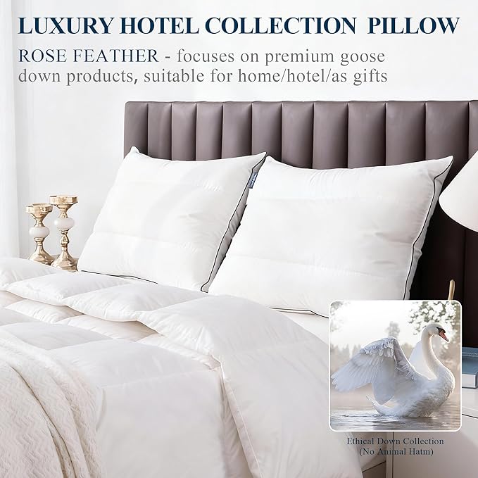 Goose Down Feather Pillows Queen Size Set of 2 with Soft Cotton Cover for Side Back Stomach Sleepers 3-Zone Cervical Neck Support Hotel Collection Bed Pillow (2, Queen)