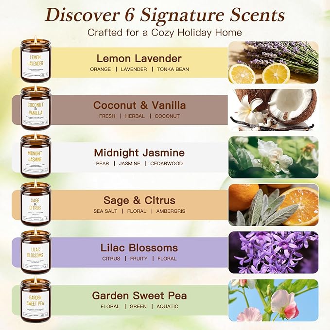 Candles for Home Scented - 6 Pack 42oz Soy Candles with Lavender, Coconut, Jasmine, Sage, Lilac Blossoms, Sweet Pea, 300 Hour Long Lasting Aromatherapy Candles Gift Set for Women, Christmas, Holiday