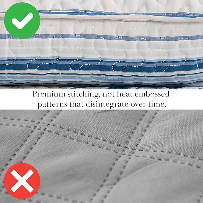 Southshore Fine Living, Inc. Oversized King Quilt Set, All Season Striped Blue Bedspread Set, 3-Piece Coastal Bedding, California/King Coverlet Sets with Shams, Soft Microfiber Quilt, Blue Stripes