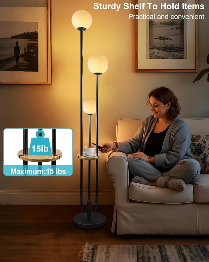 Lightdot Full Dimmable Floor Lamp for Living Room 3-Globe Standing Lamp with Table Candle Holder Style Black Tall Lamps for Bedroom/Sofa Beside/Corner Decor with 3000K Soft Warmwhite Bulbs Included