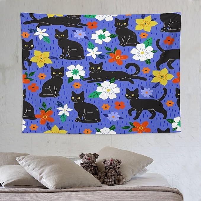 VUMIVI Black Cat Floral Tapestry Red White Hand-Painted Flowers Cute Animals Kids' Doodles Tapestry Wall Hanging for Living Room Bedroom Dorm Classroom Aesthetic Decor W80xL60in