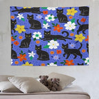 VUMIVI Black Cat Floral Tapestry Red White Hand-Painted Flowers Cute Animals Kids' Doodles Tapestry Wall Hanging for Living Room Bedroom Dorm Classroom Aesthetic Decor W80xL60in