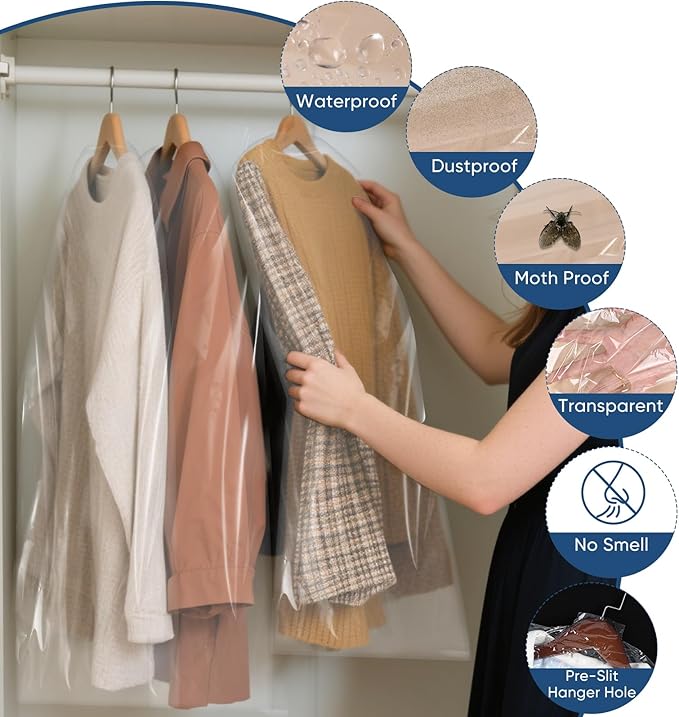 50 Pack 23.6"x70" Garment Bags for Hanging Clothes, Thick Clear Plastic Dry Cleaning Covers for Closet Storage & Travel