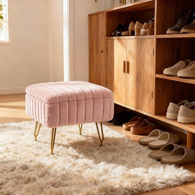 ACEQLYT® Small Foot Stool Ottoman with Storage, Foot Rest for Couch and Chair, Pink Faux Fur Storage Ottoman with Gold Metal Legs and Padded Seat