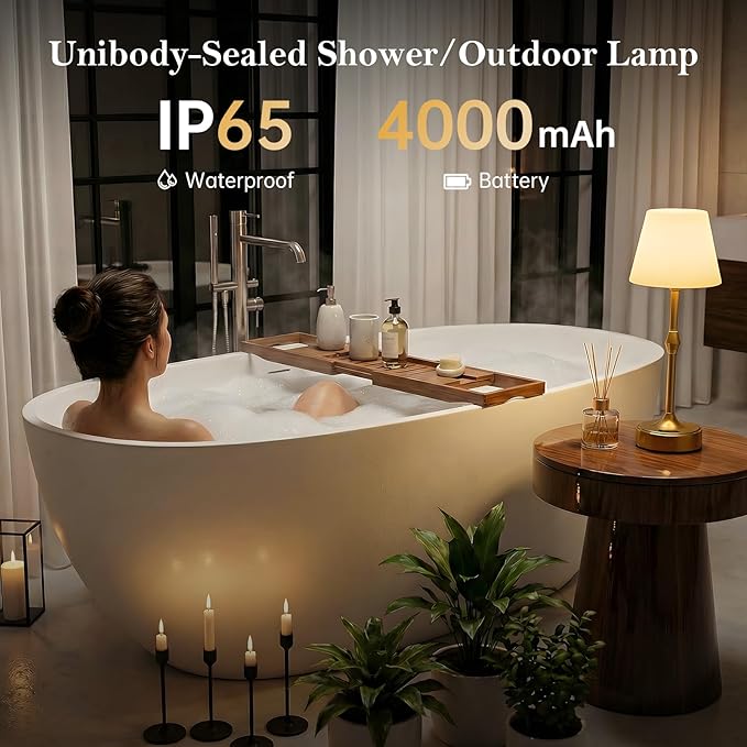IP65 Waterproof Shower Lamp for Bathroom, Cordless Table Lamp Rechargeable Battery Operated, 3-Colors Dimmable Touch Lamp for Bathtub, Shower Light, Bath Light and Relaxing Routines, Set of 1