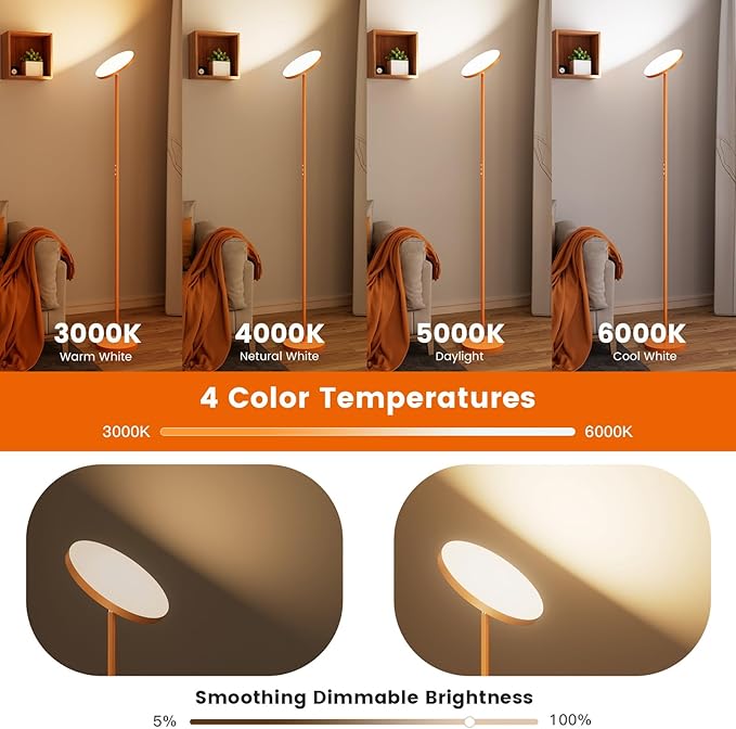 Floor Lamp,Bright 36W 3500LM Standing Lamp with Remote, 2700K Soft White to 6500K Cool White Adjustable,Touch Control Dimmable Torchiere Tall Light for Living Room,Bedroom,Office,Sofa(Orange)