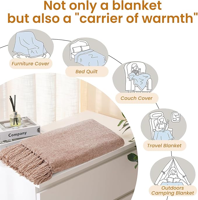 Light Taupe Chenille Throw Blanket for Couch Bed，Soft Cozy Throw Blanket with Handmade Fringe, Decorative Blanket for Sofa Chair Living Room for Gift