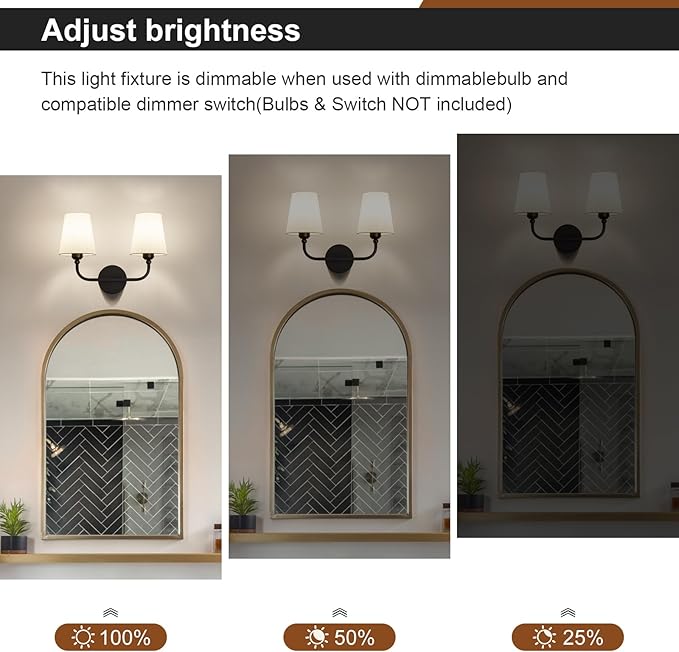 Kvhilw Bathroom Vanity Light, Matte Black Bathroom Light Fixtures, 2-Light Lighting Fixtures Over Miror, Modern Wall Sconce with Flared White Fabric Shade, E26 Socket(ETL Listed)