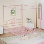 Weehom Full Canopy Bed Frame with Headboard and Footboard, Four-Poster Metal Canopied Platform Bed Mattress Foundation Underbed Storage Space No Box Spring Needed for Girls Adults Pink