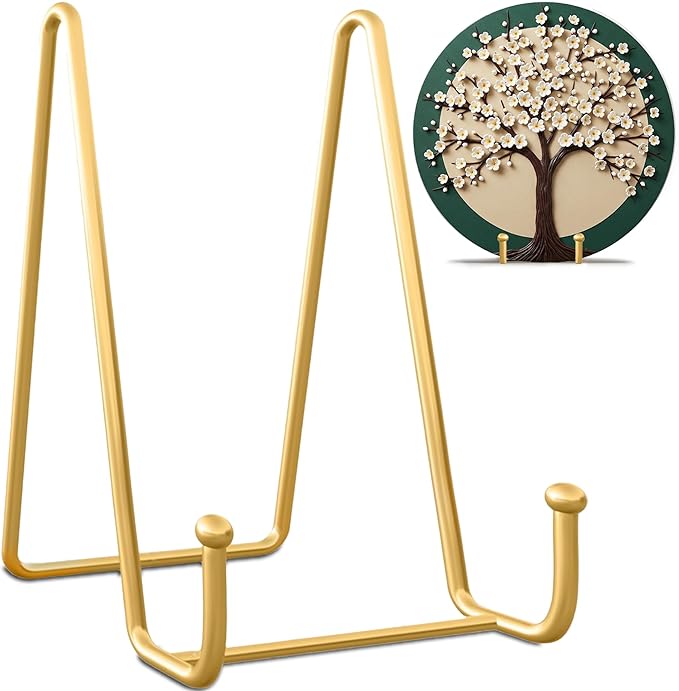 Plate Stands for Display-2 Pack 4 Inch Gold Metal- Book Holder & Book Stand for Table, Racks-Trendy & Sturdy Display Stand for Decorative Art Plate, Tablets-Picture Stand for Party Decor