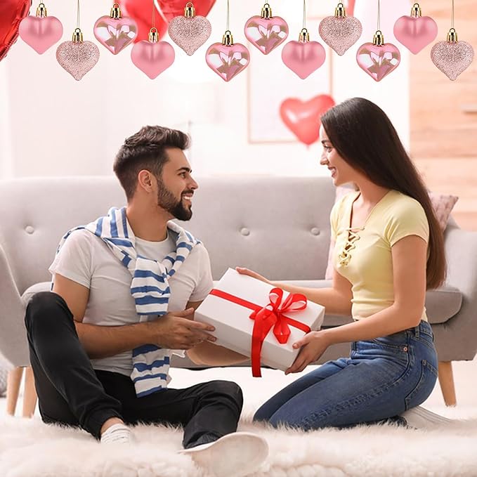 Valentines Day Heart Ornaments, 24Pcs Hanging Heart Ornaments, Glitter Rose Gold Heart-Shaped Baubles for Outdoor Wedding Anniversary Mother's Day Romantic Galentines Valentines Day Party Decoration