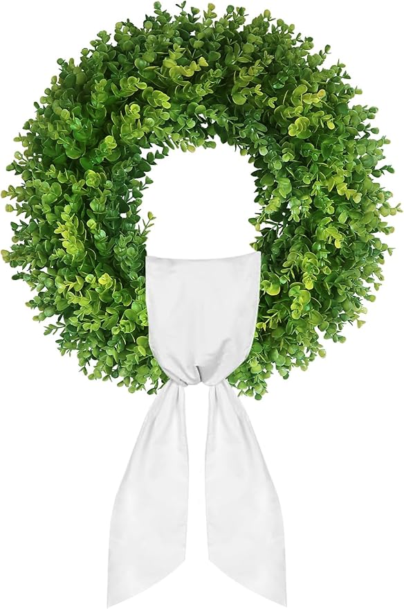 20''Boxwood Wreaths for Front Door,Artificial Spring Summer Wreath,Boxwood Wreaths with Sash,All Seasons Wreath for Farmhouse,Wedding,St Patrick's Day Decoration,Indoor & Outdoor