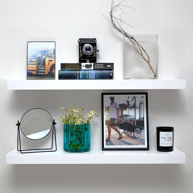 Homeforia White Floating Shelves 30 inch, High End Solid Real Wood 30inch Floating Shelf for Wall Mounted, White Wooden 30in Long Floating Shelves, Heavy Duty Bracket, 30 X 6.5 X 1.75 inches, Set of 3