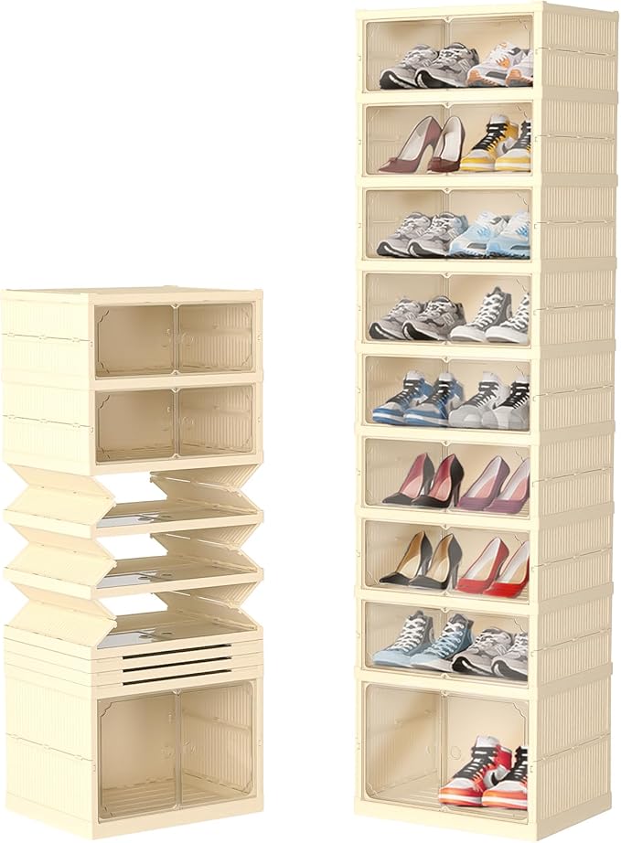 Dollate Shoe Organizer Storage Box,No-Assembly 9 Tiers Foldable Shoe Rack with Clear Door, Large Sneaker Cabinet Bins for Living Room, Cloakroom, Entryway