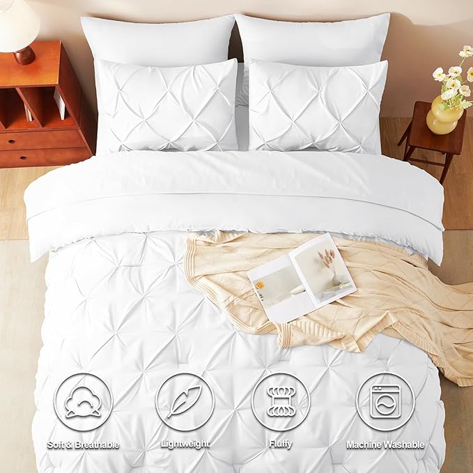 CozyLux Full Size Comforter Sets White, 7 Pieces Pintuck Bed in A Bag White Comforter Full Size, Pinch Pleat Bedding Sets with All Season Comforter, Sheets, Pillowcases & Shams