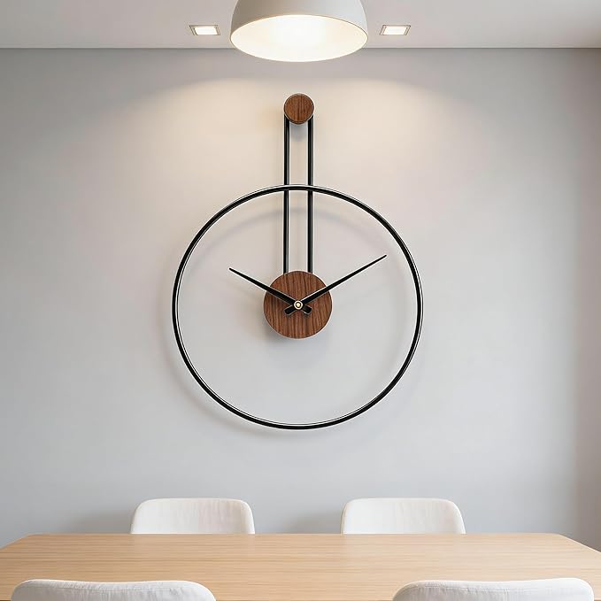 Modern Minimalist Wall Clock, Black Metal Ring and Wooden Face, Natural Style Silent Non-Ticking for Living Room, Bedroom, Office Decor, 21.6"x28.7"