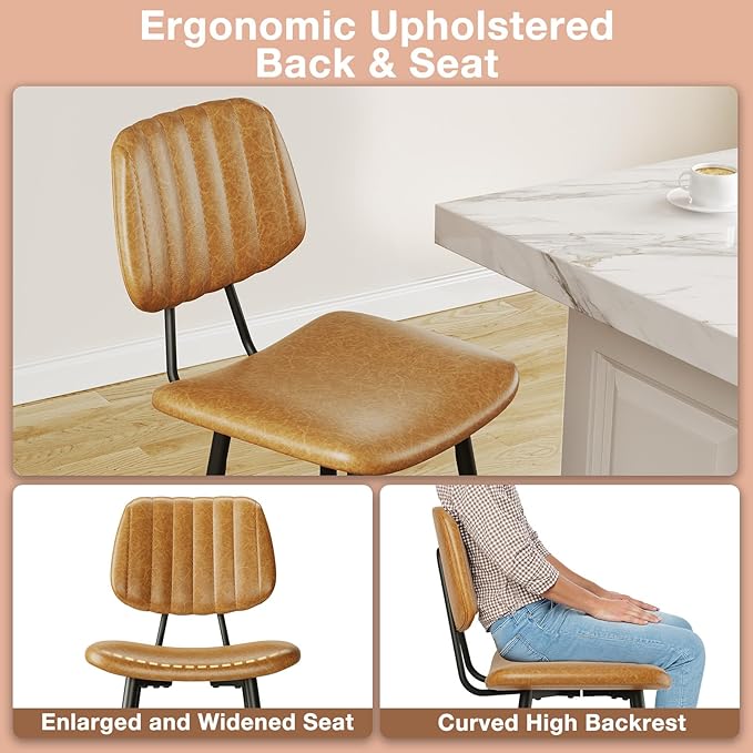 29-Inch Leather Bar Stools Set of 2, Counter Height Barstools with High Backrest，Bar Chairs for Kitchen Island with Heavy Duty Metal Legs, Brown