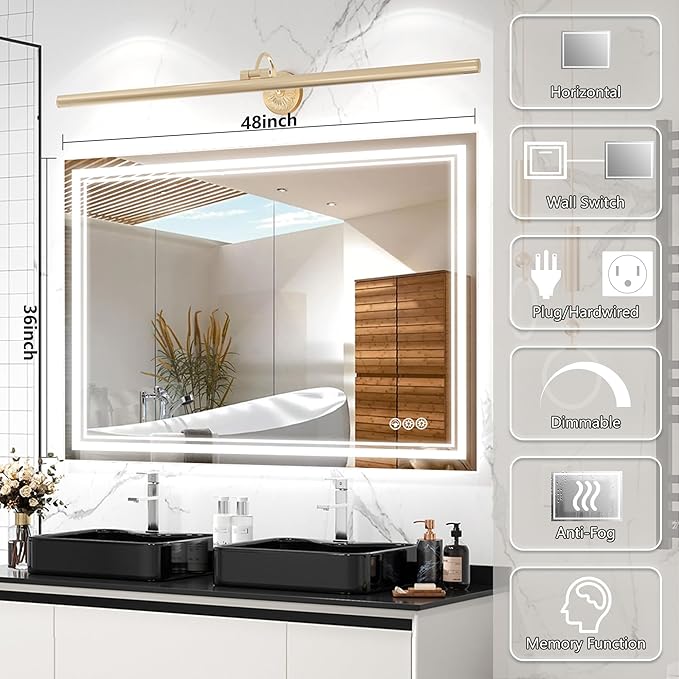 48x36 Inch Led Mirror for Bathroom with Front Light and Backlit, Bathroom Mirror with Led Lights, Vanity Mirror with Lights for Wall, Anti-Fog, Dimmable, Memory Function, Tempered Glass
