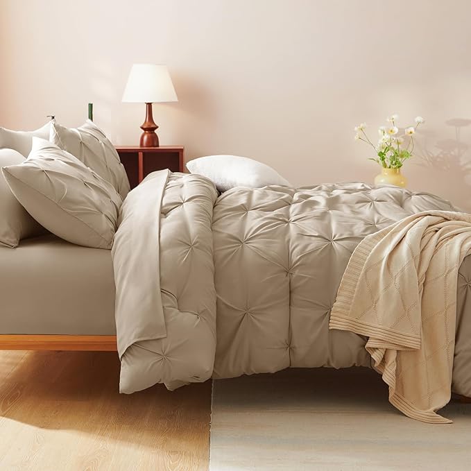 CozyLux King Size Comforter Set Taupe, 7 Pieces Pintuck Bed in A Bag Taupe Comforter King Size, Pinch Pleat Bedding Set with All Season Comforter, Sheets, Pillowcases & Shams