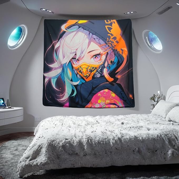 HOUHUANG Anime Fluorescent Tapestry - 59x59 Inches Large Wall Hanging for Room Decoration, Glow-in-the-Dark Trippy Boho Style with Blacklight Effects, Perfect for Bedroom and Custom Tapestry Lovers (Ninja Girl )