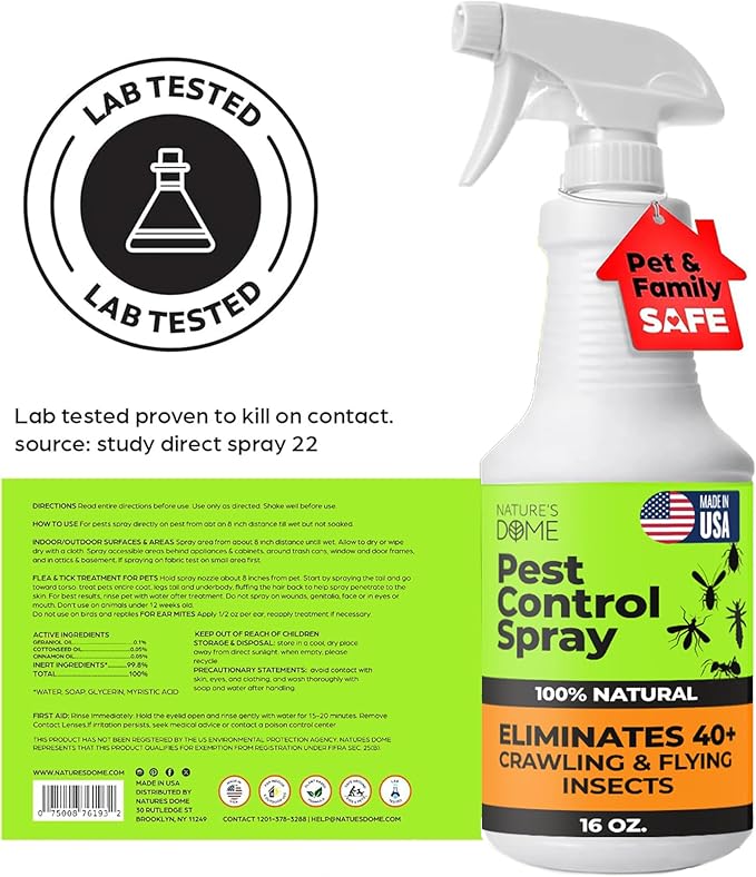 Nature's Dome Eco-Friendly Lab Tested – 16 oz – Pest Control - Insect, Spider, Fly, Flea, Ticks, Ant Spray Safe for Pets and Kids 100% Natural – Fast-Acting, for Indoor & Outdoor Use