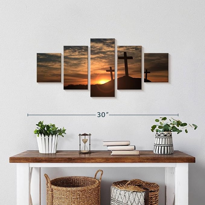 Elephant Stock Cross Silhouettes Wall Art Multi Piece Canvas - 5 Panel Christian Pictures Decor - Digital Design Canvas Print - Christian Wall Decor - 29" X 12"
