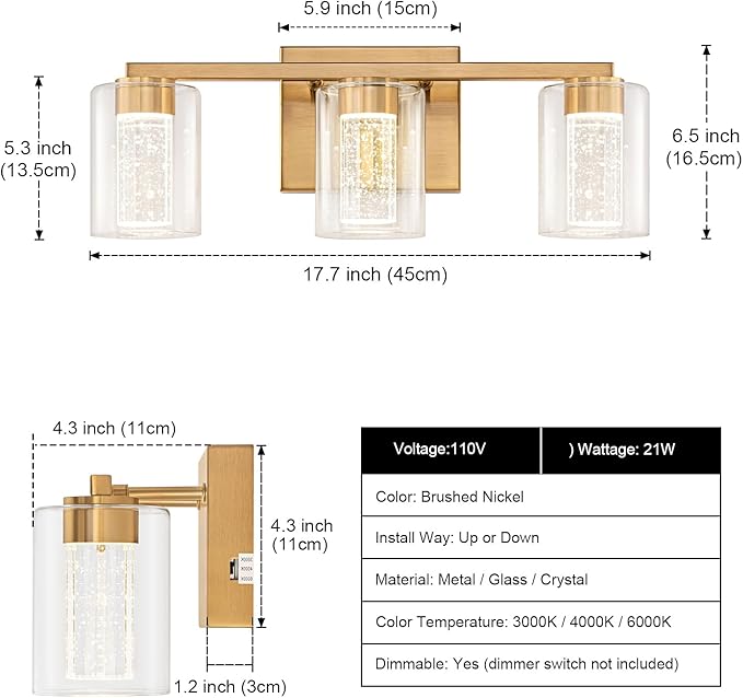 SineRise 3-Light Gold Vanity Light with 3 Color Modes (3000K/4000K/6000K), Eye Protection LED Bathroom Light Fixture, Dimmable Modern Wall Light Over Mirror with Clear Glass Shade