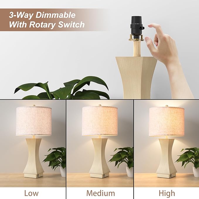 24.5" Modern Table Lamp Set of 2, 3-Way Dimmable Bedside Lamps with USB C & A Charging, Farmhouse Resin Nightstand Lamps with Linen Shade for Bedroom, Living Room, Home Office(Beige)