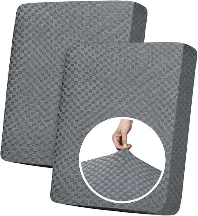YEMYHOM Stretch Individual Cushion Covers Large Sofa Seat Cushion Slipcovers Soft Couch Cover Replacement Large Checkered Furniture Protector with Elastic Bottom (2 Pcs XL Cushion Covers, Light Gray)
