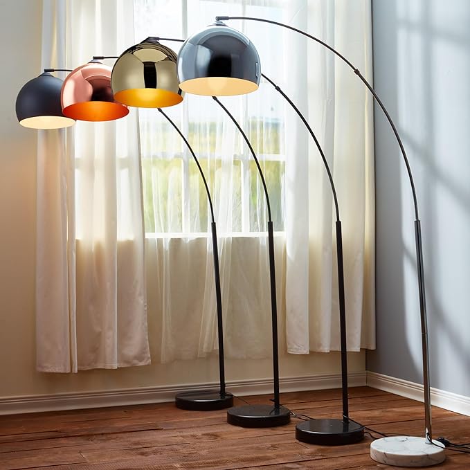 Teamson Home Arquer 66.93" Arc Floor Lamp for Living Rooms, Home Offices, Dining Rooms, Bedrooms with Faux Black Marble Base and Black Bell Shade
