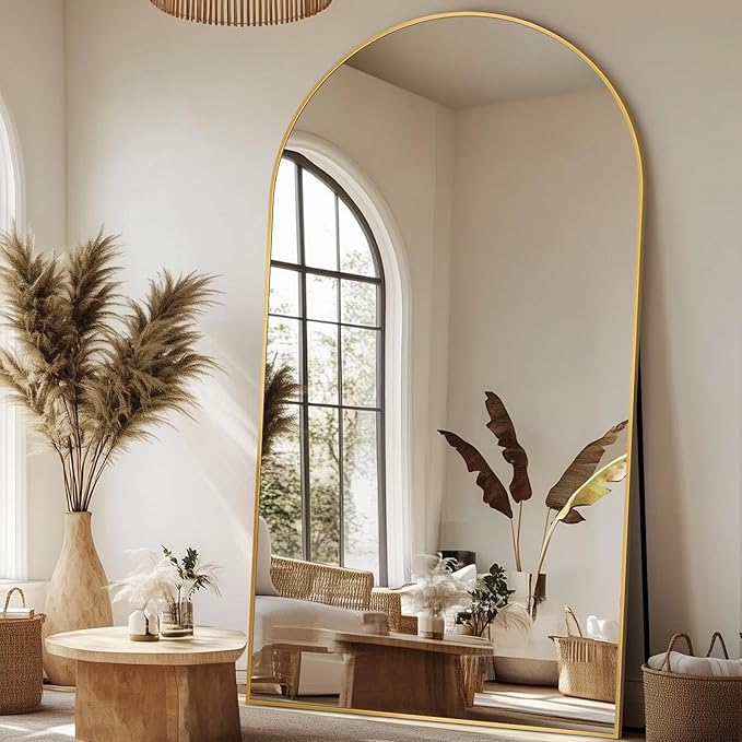 Antok Full Length Mirror, 82"x44" Floor Mirror, Arched Floor Standing Freestanding Arch Full Body Mirrors with Stand for Bedroom, Hanging Mounted for Living Room Cloakroom,Gold
