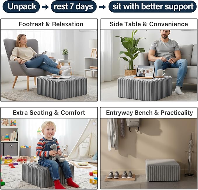 Tiita Suqre Stuffed Pouf Ottoman, Stripe Poufs 21×21×10 inch with Foam Chunk Filling, Floor Bean Bag Floor Chair Storage for Living Room Bedroom Home Decor, Grey