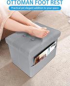 Ottoman with Storage Foot Stool, 17 Inches Folding Storage Ottomans, Leather Upholstered Ottoman Foot Rest with Side Pockets, Suitable for Living Room, Bedroom, Cafe, Grey