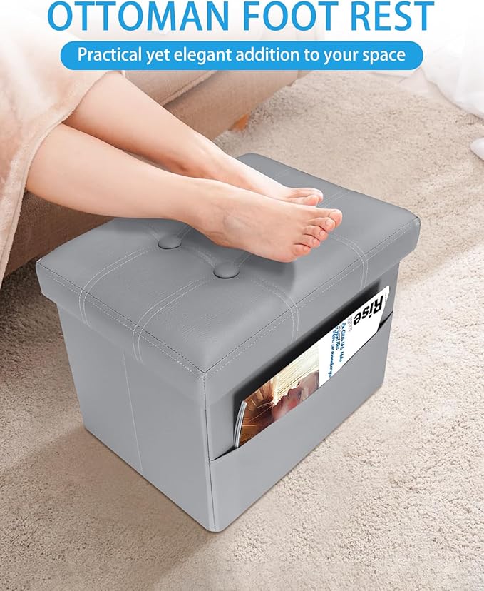 Ottoman with Storage Foot Stool, 17 Inches Folding Storage Ottomans, Leather Upholstered Ottoman Foot Rest with Side Pockets, Suitable for Living Room, Bedroom, Cafe, Grey