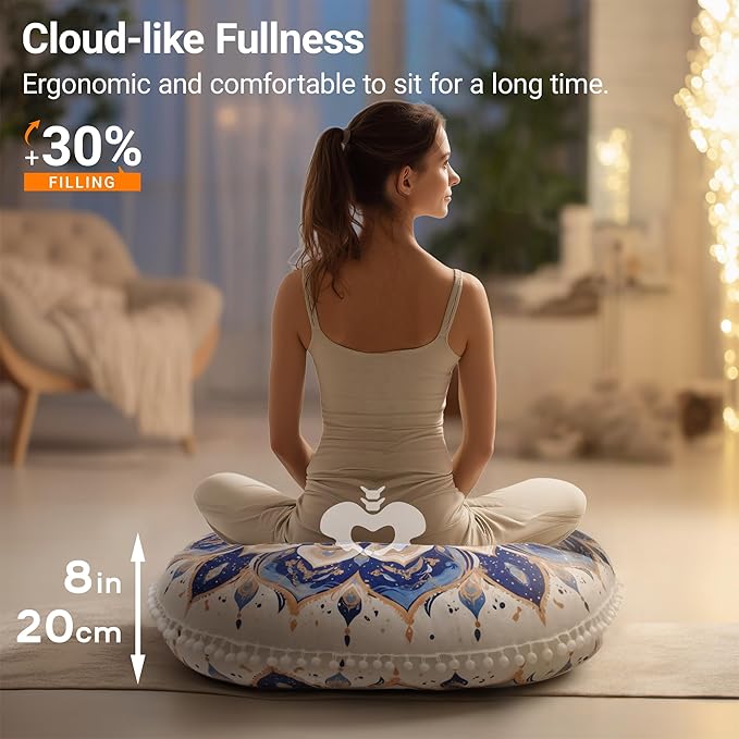 Meditation Cushion 32 Inch Round, Extra Thick Memory Foam Floor Pillow with Removable Washable Cover, Bohemian Mandala Yoga Cushion for Adults - Ideal Gift & Holiday Decor, Brown