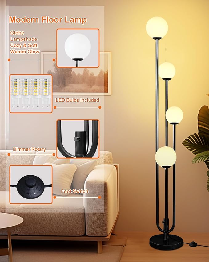 Lightdot Black Globe Floor Lamp 4-Lights Dimmable Floor Lamps with Tray 3000K Bulbs Included Unique Candle Mid Century Tall Standing Lamp for Living Room/Bedroom/Sofa Beside/Corner Decor