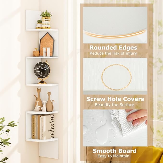 Tangkula 5-Tier Corner Shelf Wall Mount, Farmhouse Floating Corner Bookshelf, Industrial Modern Display Shelf Stand, Wooden Storage Organizer for Living Room Home Office (2, White)