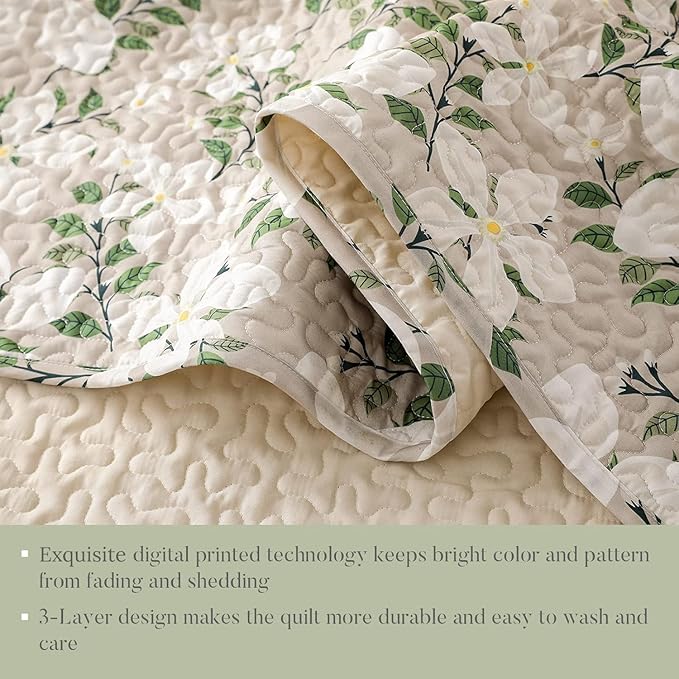Whale Flotilla Reversible Printed Quilt King Size, Extra Soft Boho Floral Leaf Bedspreads for Bed Lightweight King Quilt Bedding Set Coverlets with 2 Pillow Shams for All Seasons, White Bone