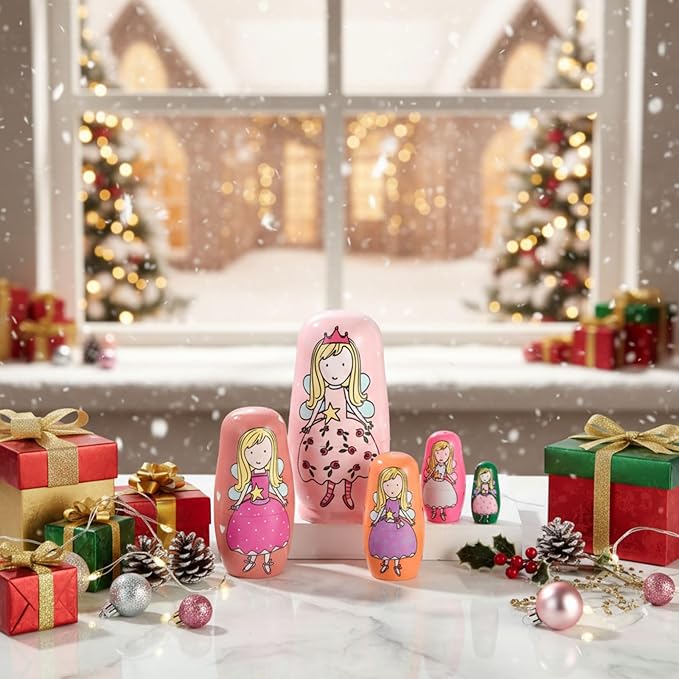 Gejoy Russian Nesting Dolls for Kids Handmade Matryoshka Wooden Stacking Toys Nesting Dolls Collectible Gifts for Winter Christmas Holiday Present Boys Girls Adults Home Decor(Fairy)