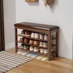 AQIMUELE Shoe Bench with Leather Cushion, 3 Tiers Shoe Storage Bench Height Adjustable, Walnut Wood Entryway Bench for Hallway, Mudroom