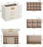 SONGMICS GISELLA Collection - Jewelry Box Organizer, 4-Layer Jewelry Storage with 3 Drawers, Shiny Metal Hardware, Glass Lid, Modern, 6 x 9.9 x 8.5 Inches, Cloud White and Gold Color UJBC161W01