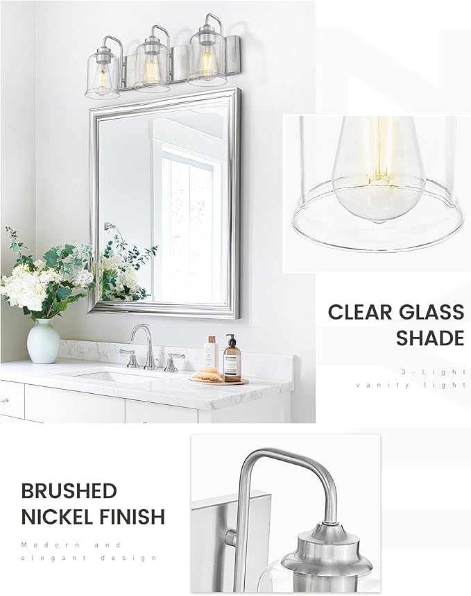 zeyu 20.5 Inch Modern Bathroom Vanity Lamp, 3-Light Wall Mirror Light for Bathroom, Brushed Nickel Finish with Clear Glass Shade, ZSL72B-3W BN