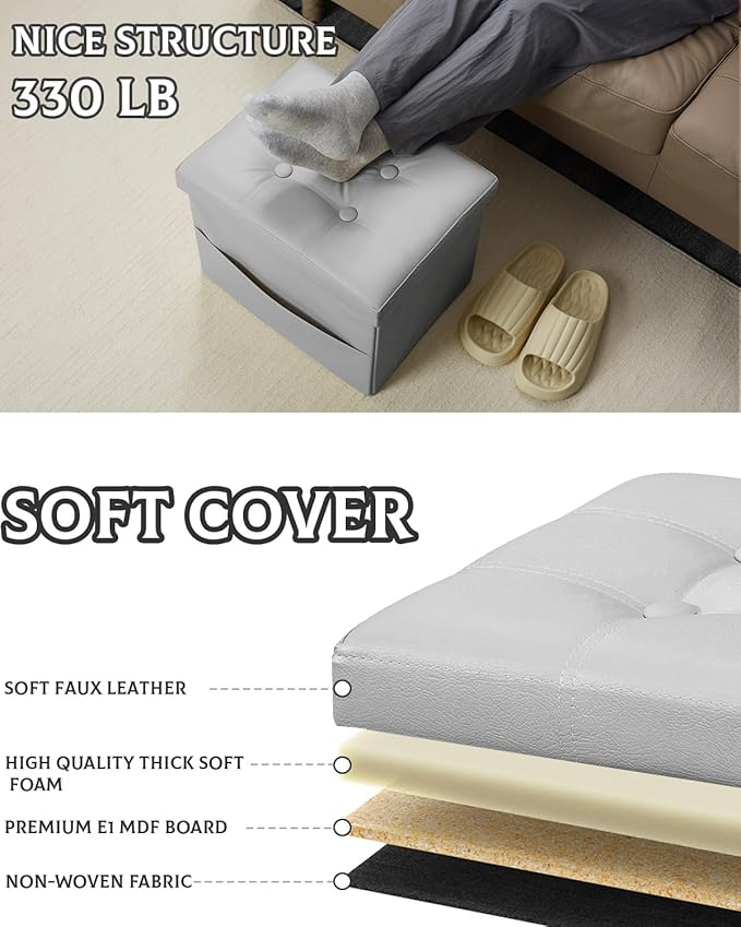 Ottoman with Storage Foot Stool, 17 Inches Folding Storage Ottomans, Leather Upholstered Ottoman Foot Rest with Side Pockets, Suitable for Living Room, Bedroom, Cafe, Grey