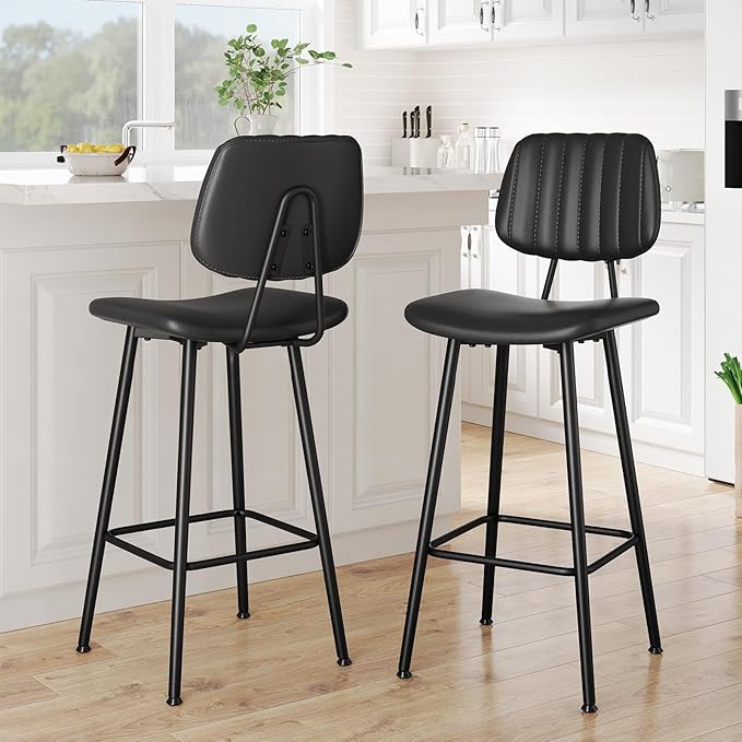 29-Inch Leather Bar Stools Set of 2, Counter Height Barstools with High Backrest，Bar Chairs for Kitchen Island with Heavy Duty Metal Legs, Black