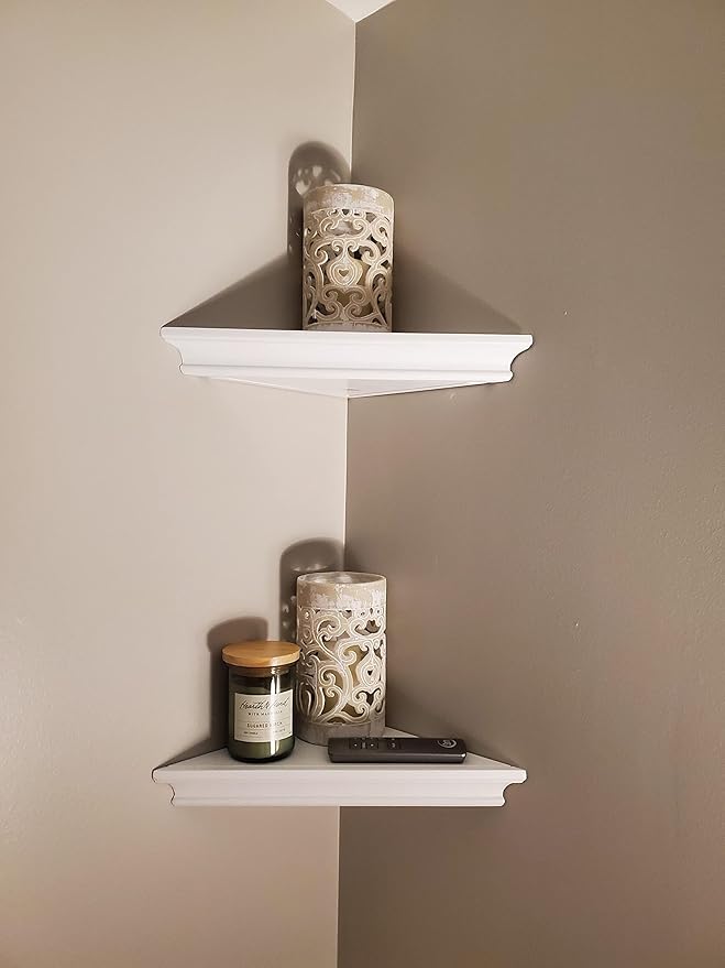 ZGZD White Corner Shelf Wall Mounted Storage Display Shelves for Home Decor, Set of 2